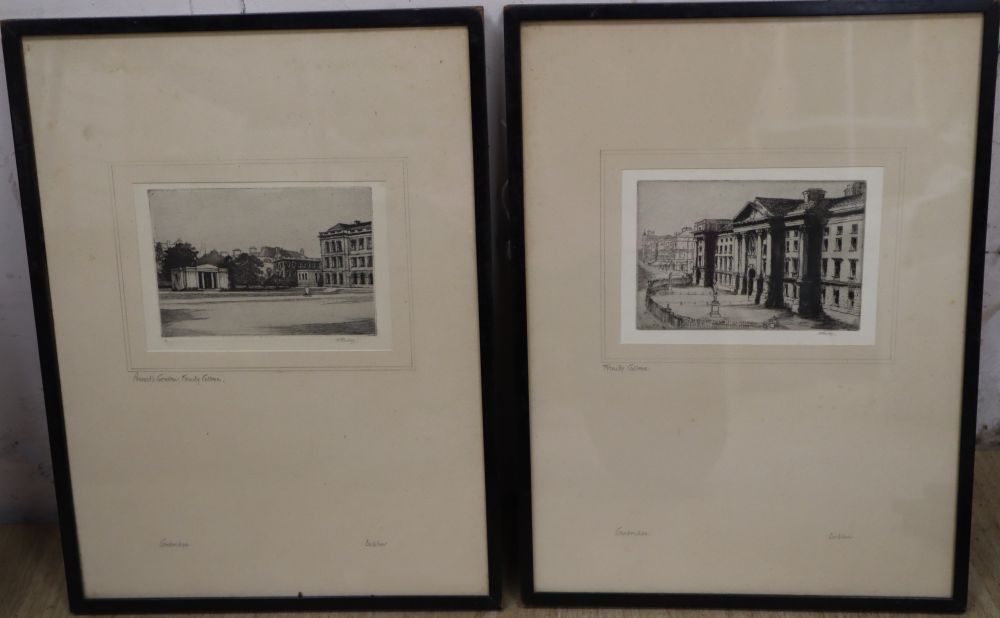 Eight assorted prints including etchings of Trinity College by Rudge